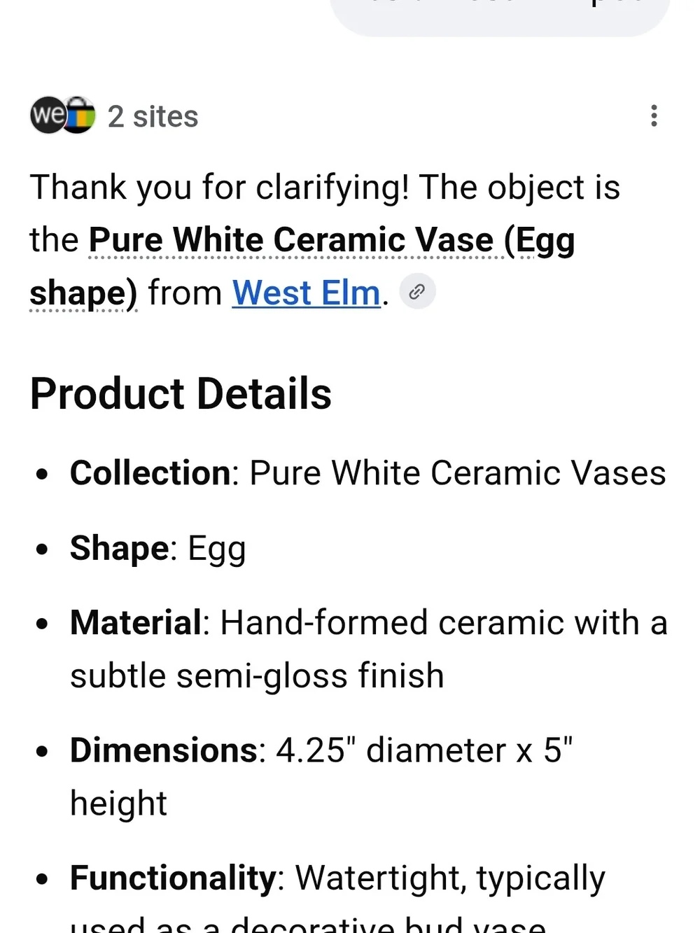 West Elm White Small Vase